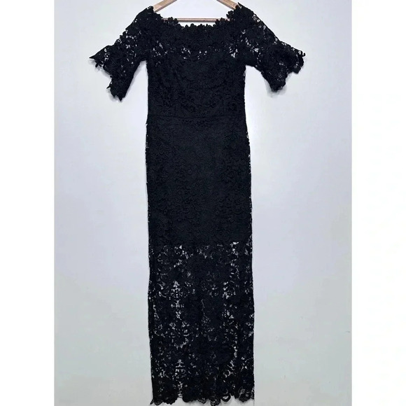 Paper Dolls London Black Off The Shoulder Frill Sleeve Crochet Lace Maxi Dress - Picture 3 of 13